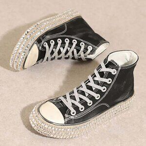Women's Rhinestone High Top Studded Canvas Sneakers  Black US 10
